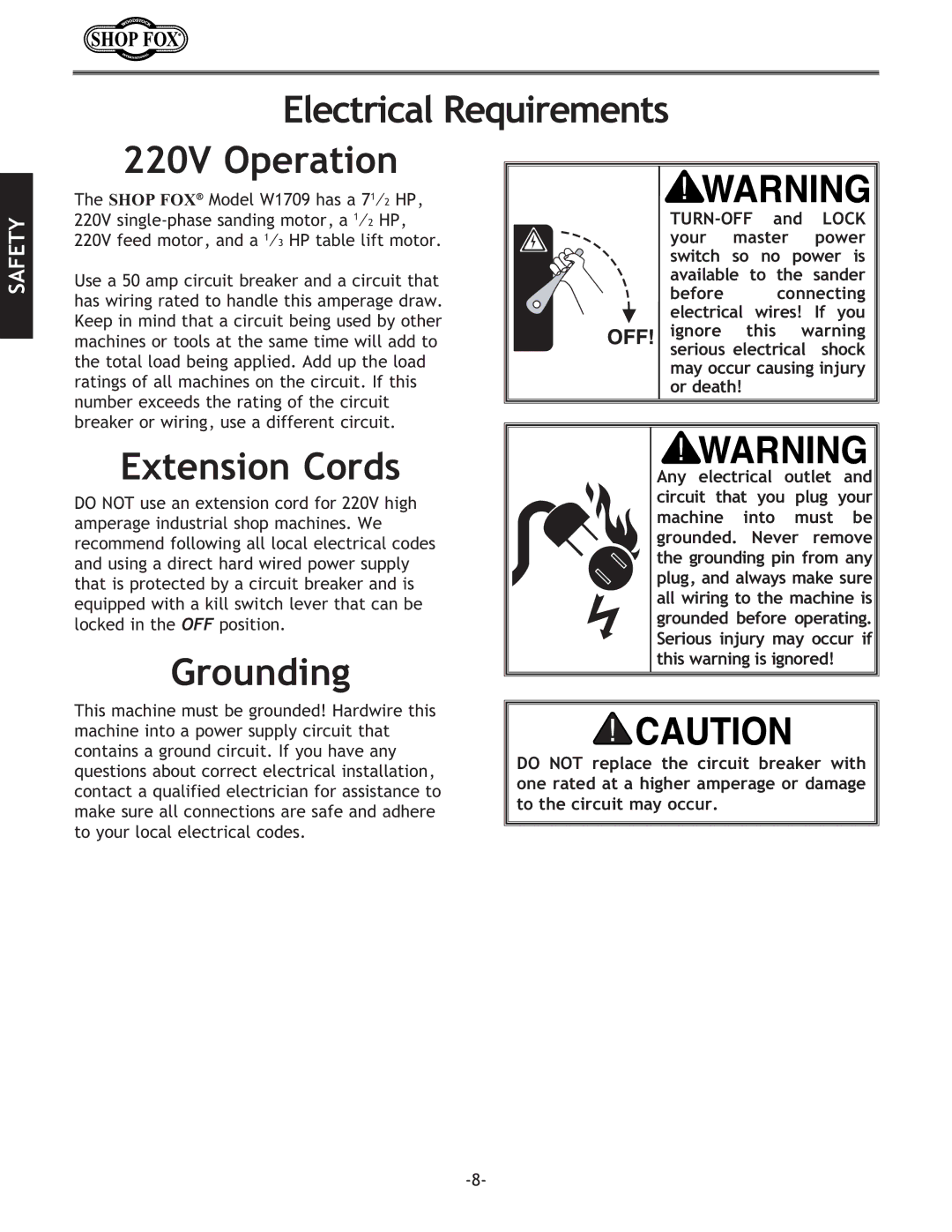 Woodstock W1709 instruction manual Electrical Requirements, 220V Operation, Extension Cords, Grounding 