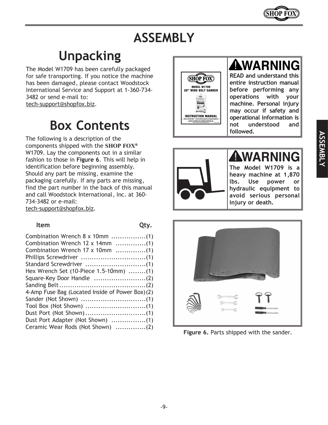 Woodstock W1709 instruction manual Assembly, Unpacking, Box Contents 