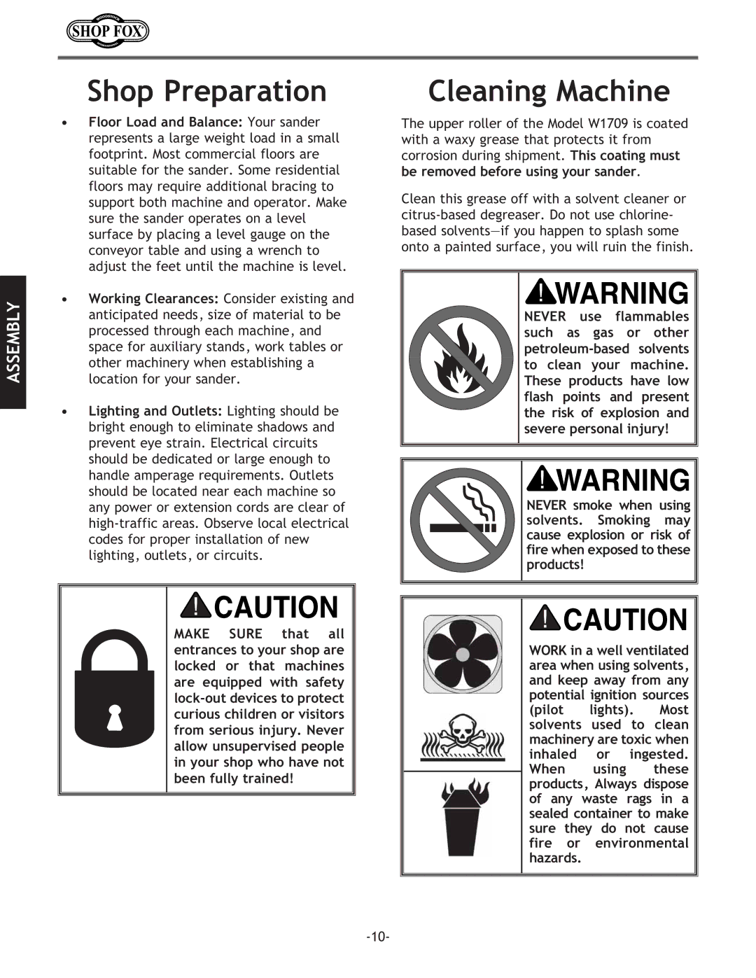 Woodstock W1709 instruction manual Shop Preparation, Cleaning Machine 