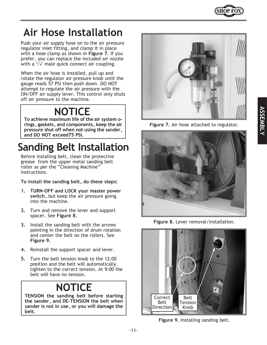 Woodstock W1709 instruction manual Air Hose Installation, Sanding Belt Installation 