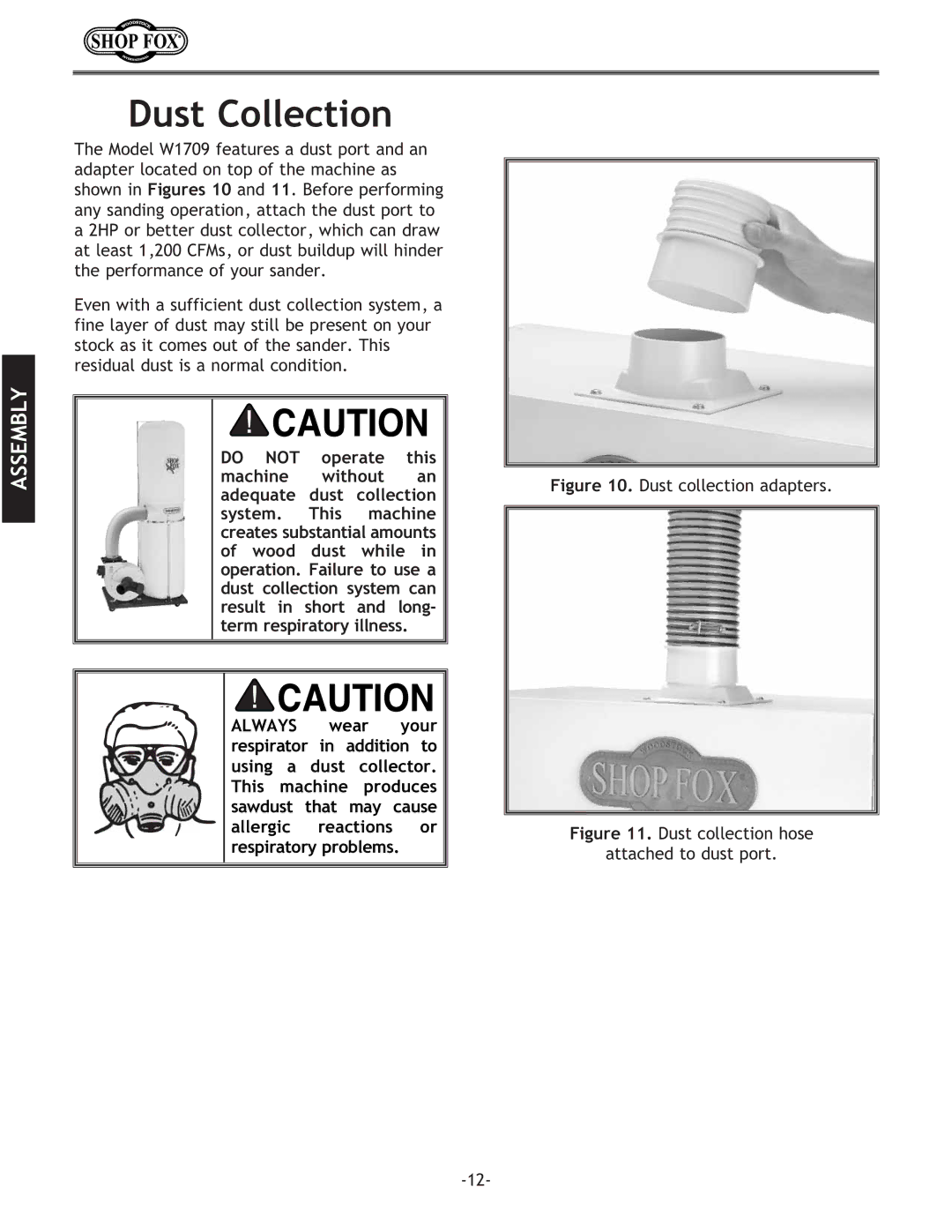 Woodstock W1709 instruction manual Dust Collection, Dust collection adapters 