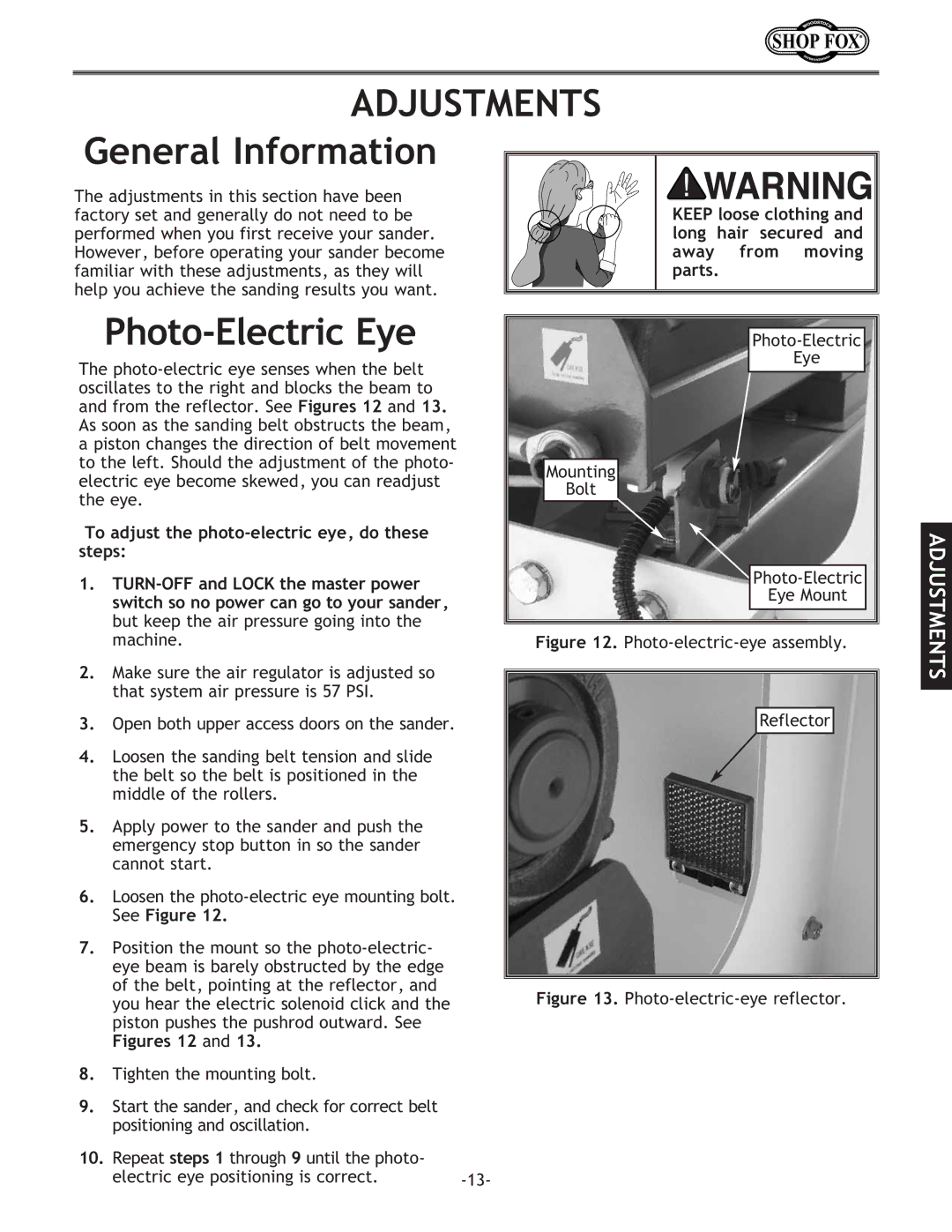 Woodstock W1709 instruction manual Adjustments, General Information, Photo-Electric Eye 