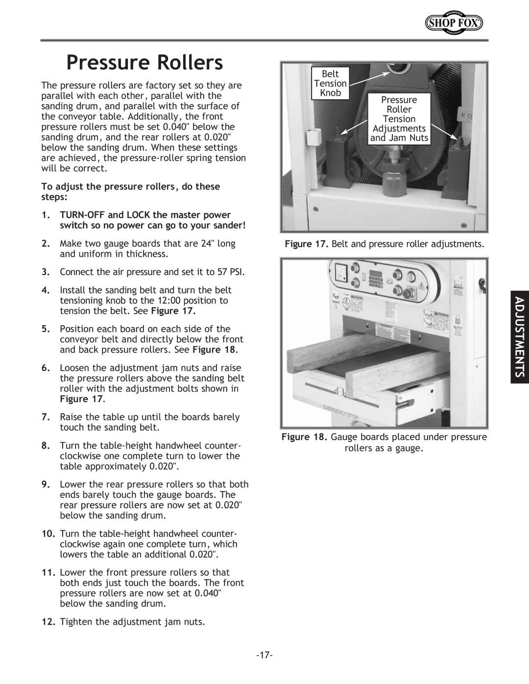 Woodstock W1709 instruction manual Pressure Rollers, To adjust the pressure rollers, do these steps 