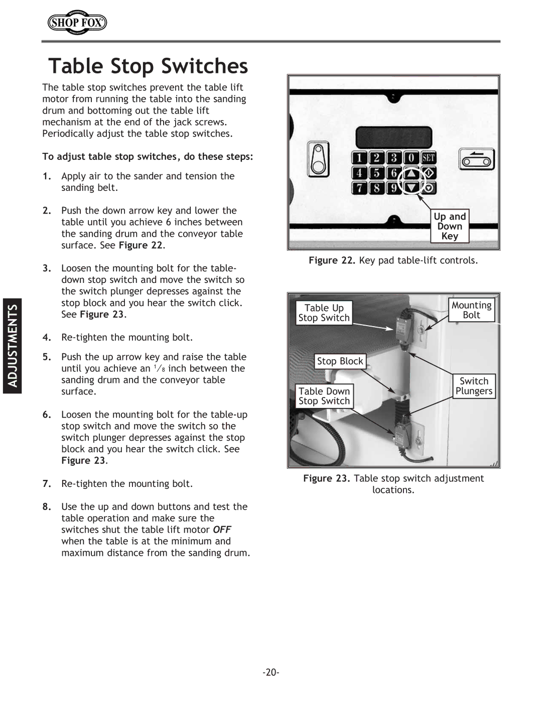 Woodstock W1709 instruction manual Table Stop Switches, To adjust table stop switches, do these steps, Down Key 