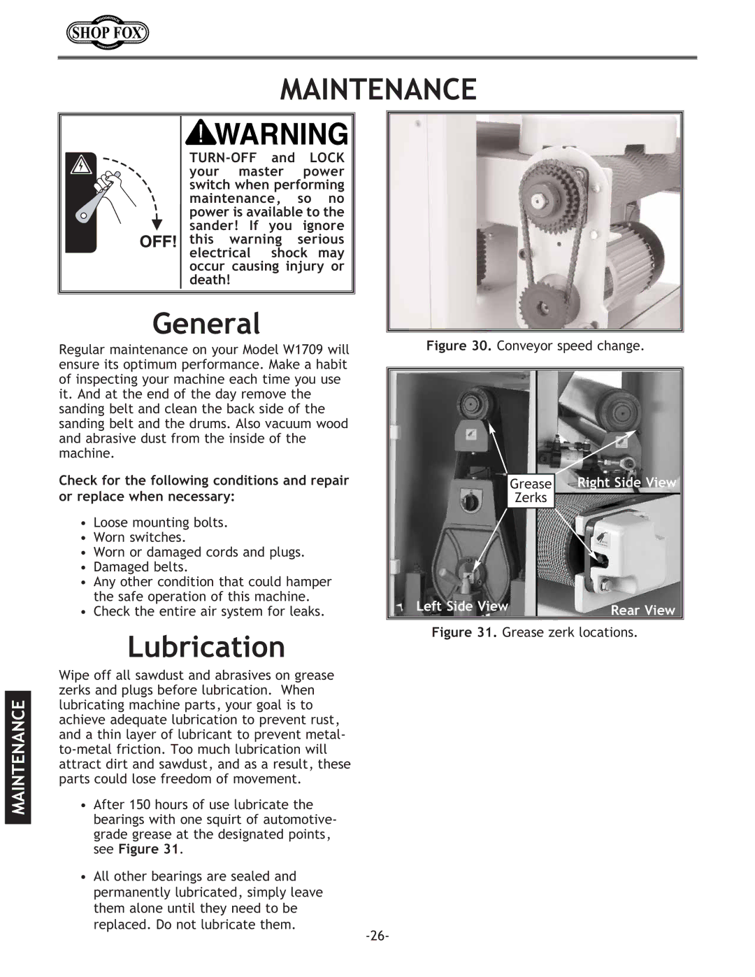 Woodstock W1709 instruction manual Maintenance, General, Lubrication 