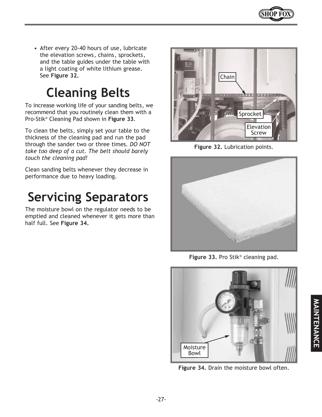 Woodstock W1709 instruction manual Cleaning Belts, Servicing Separators 