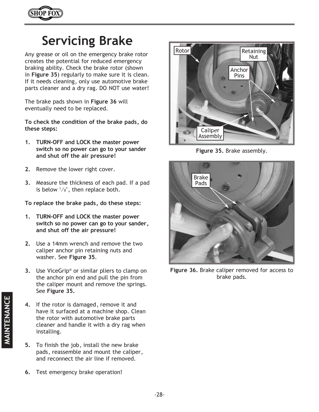 Woodstock W1709 instruction manual Servicing Brake, Brake assembly Pads 