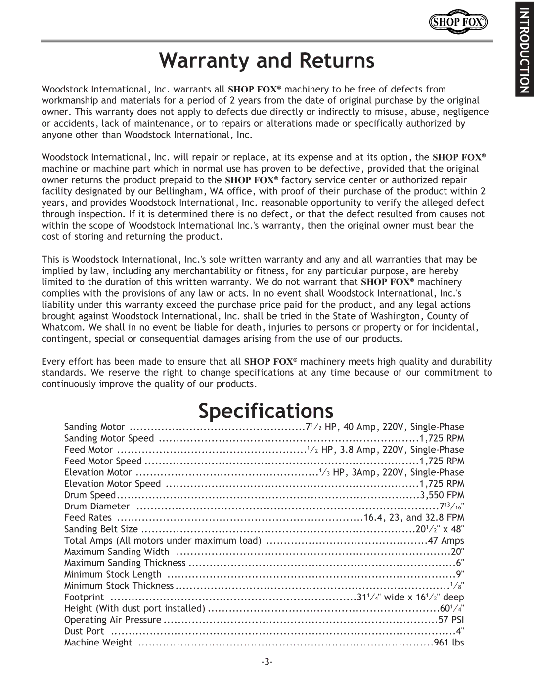 Woodstock W1709 instruction manual Warranty and Returns, Specifications 