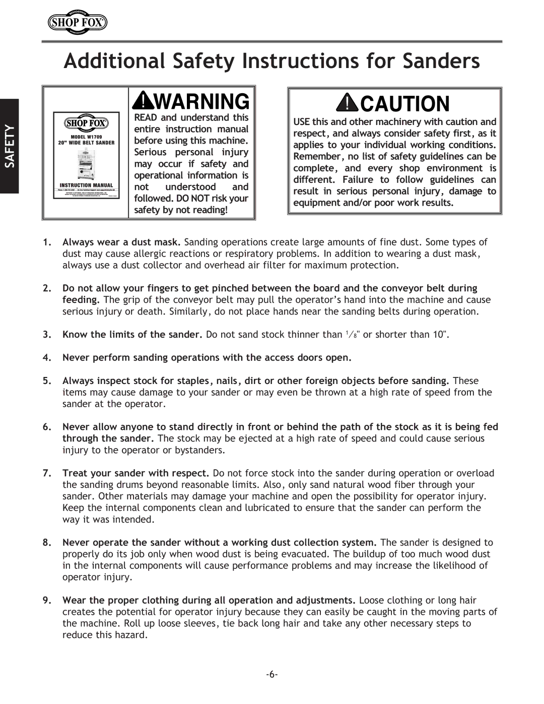 Woodstock W1709 instruction manual Additional Safety Instructions for Sanders 