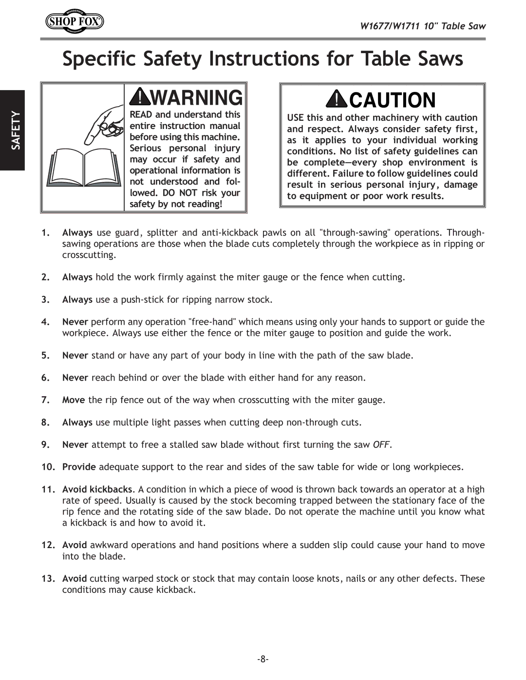 Woodstock W1711, W1677 owner manual Specific Safety Instructions for Table Saws 