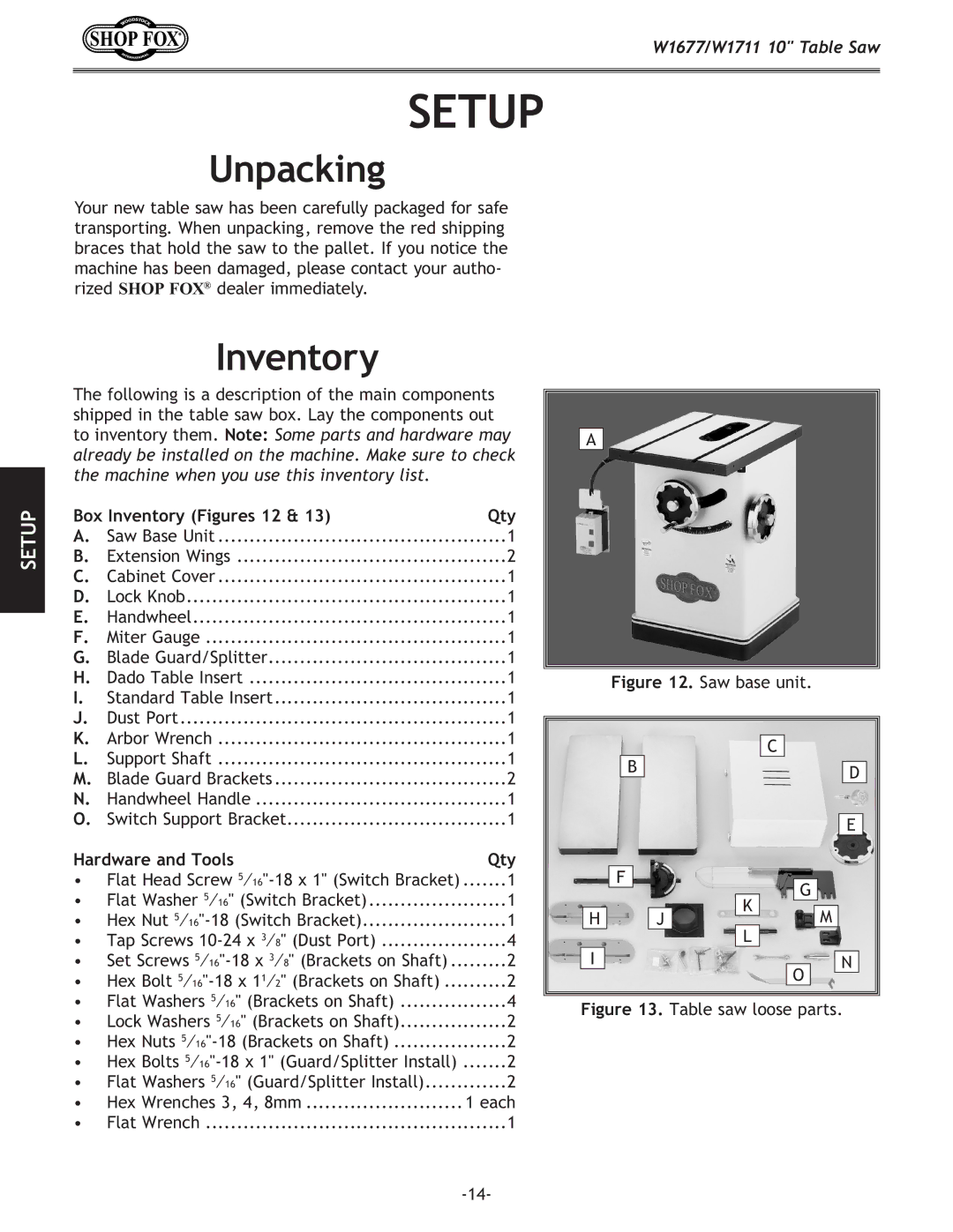 Woodstock W1711, W1677 owner manual Setup, Unpacking, Box Inventory Figures 12 Qty, Hardware and Tools Qty 