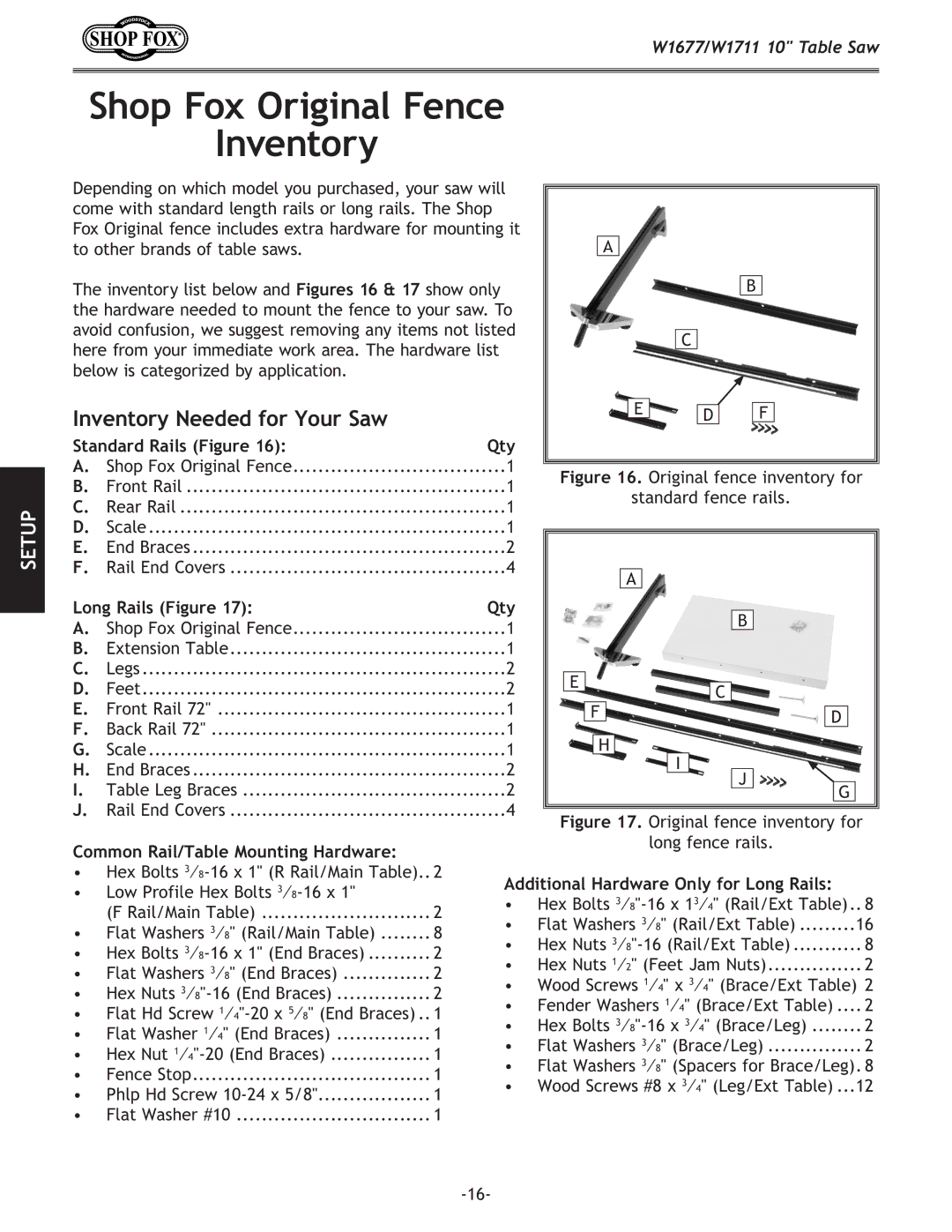 Woodstock W1711, W1677 owner manual Shop Fox Original Fence Inventory, Flat Washers 3⁄ 8 Rail/Ext Table 