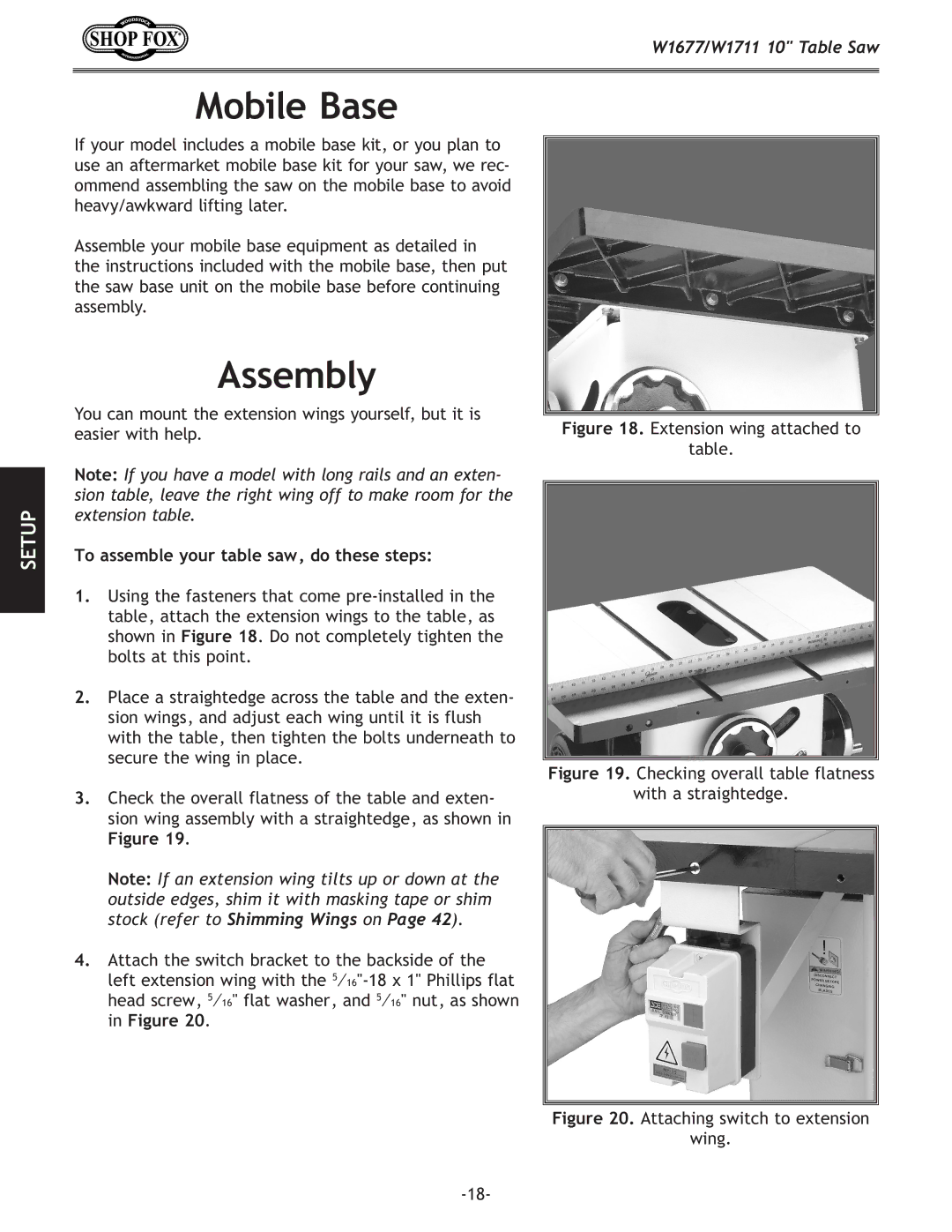 Woodstock W1711, W1677 owner manual Mobile Base, Assembly, To assemble your table saw, do these steps 