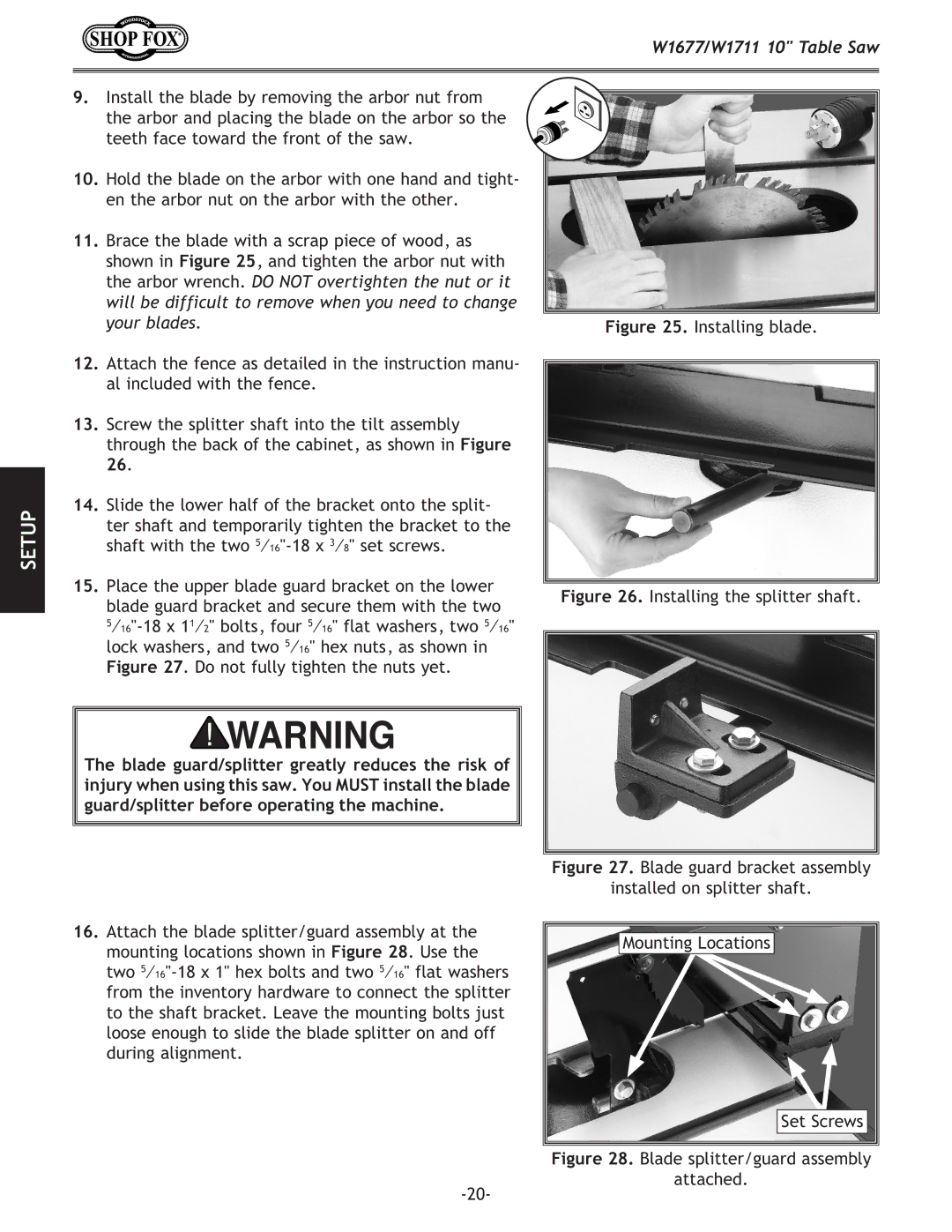 Woodstock W1711, W1677 owner manual Installing blade 