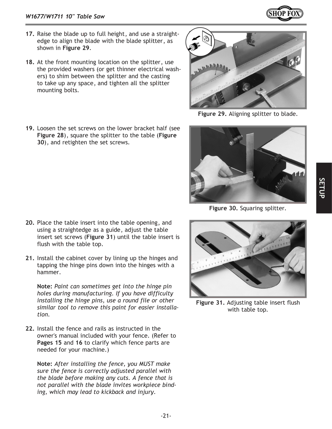 Woodstock W1677, W1711 owner manual Adjusting table insert flush 