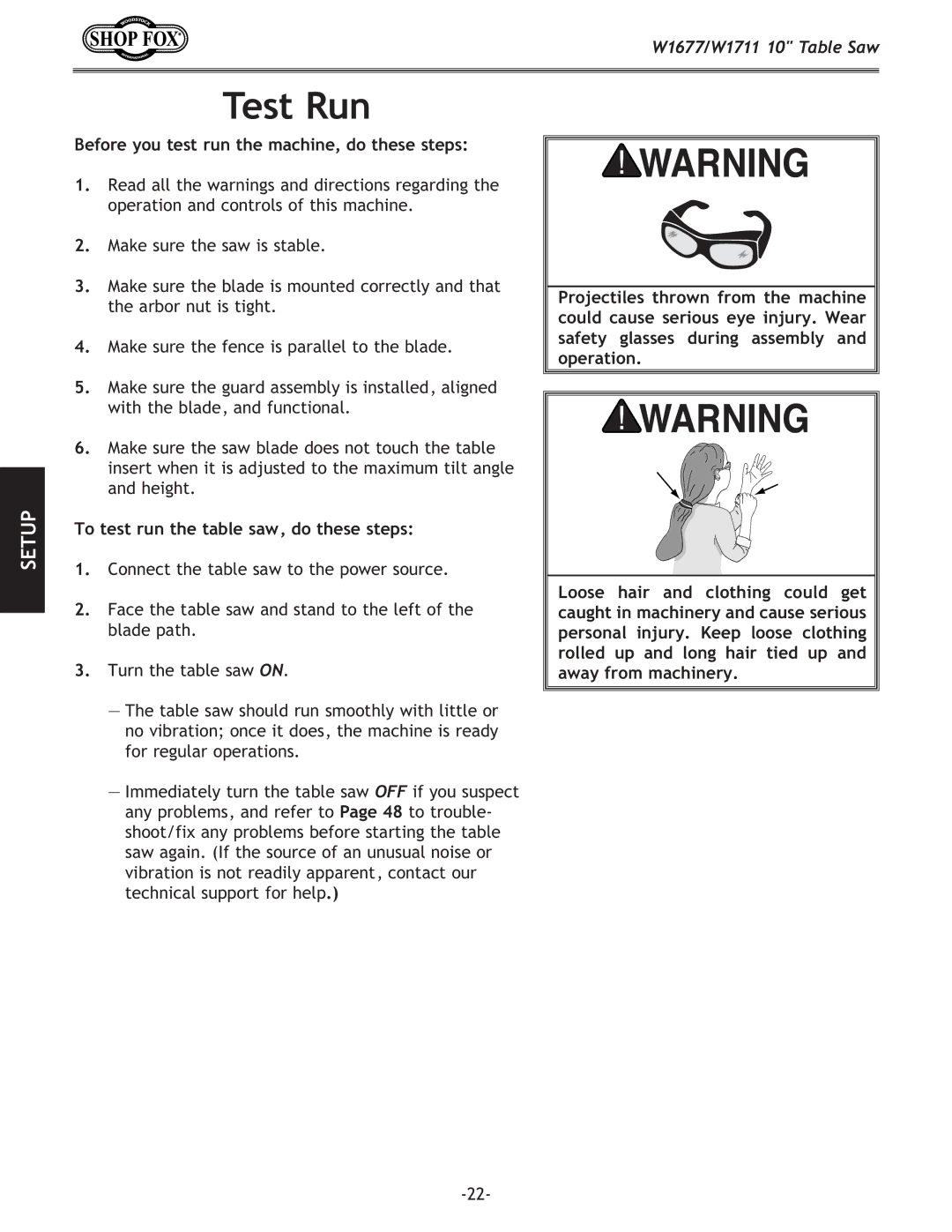 Woodstock W1711 Test Run, Before you test run the machine, do these steps, To test run the table saw, do these steps 