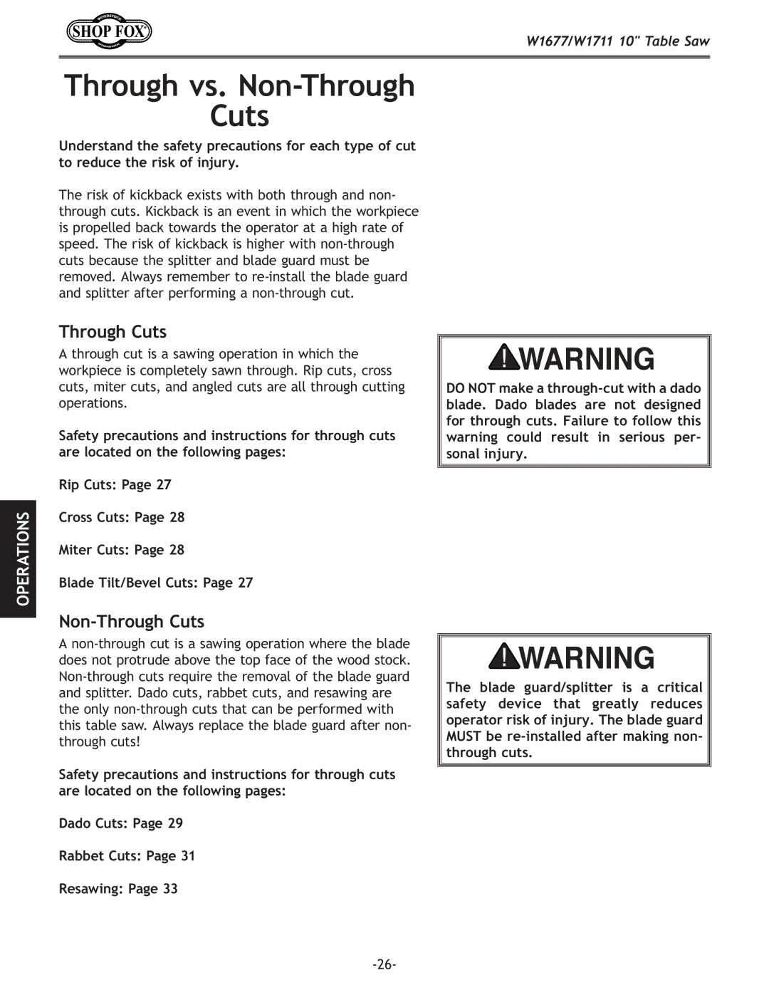 Woodstock W1711, W1677 owner manual Through vs. Non-Through Cuts 