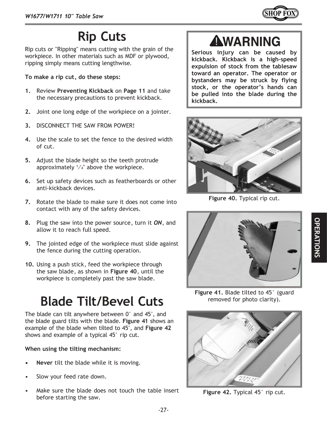 Woodstock W1677 Rip Cuts, Blade Tilt/Bevel Cuts, To make a rip cut, do these steps, When using the tilting mechanism 