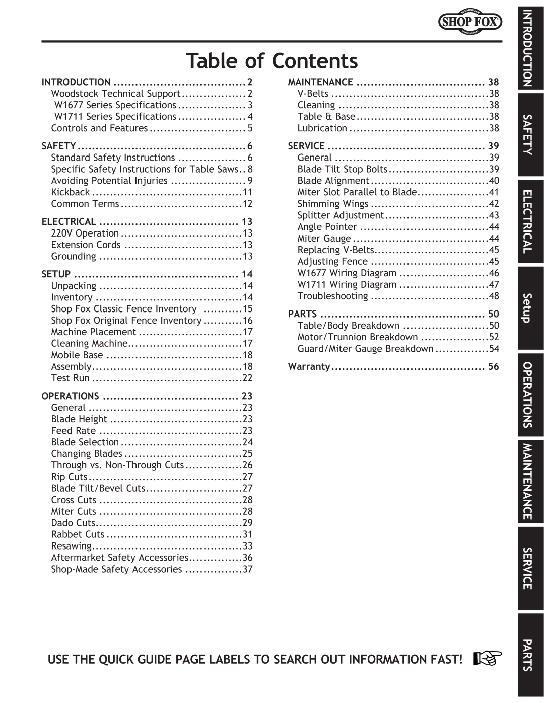 Woodstock W1677, W1711 owner manual Table of Contents 