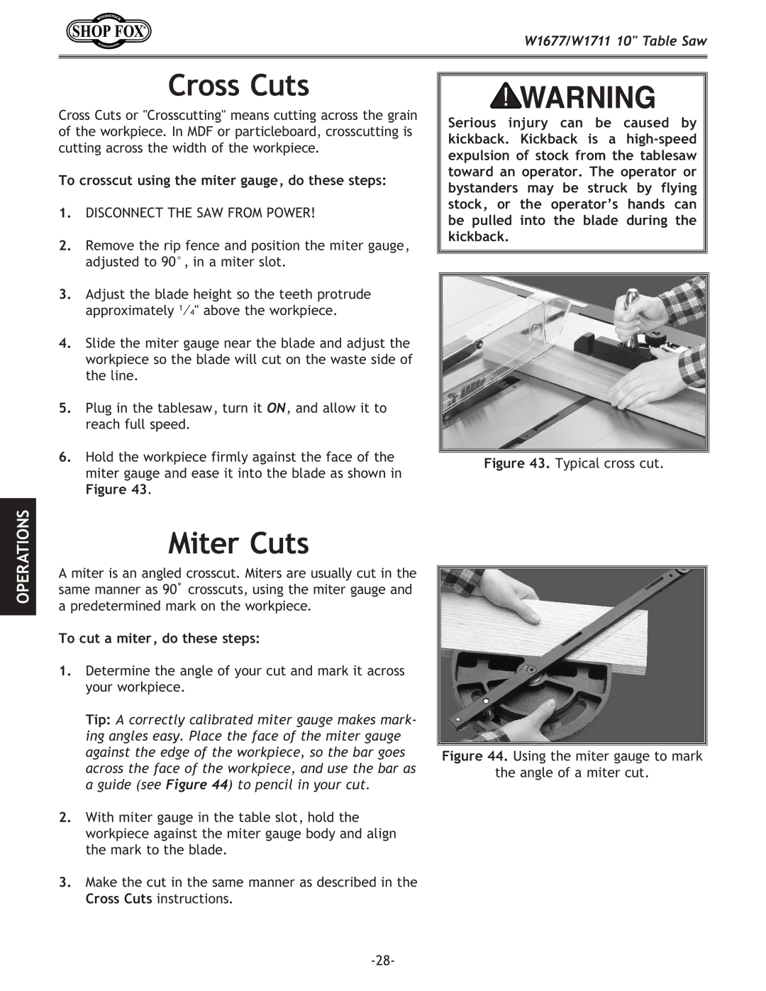 Woodstock W1711 Cross Cuts, Miter Cuts, To crosscut using the miter gauge, do these steps, To cut a miter, do these steps 