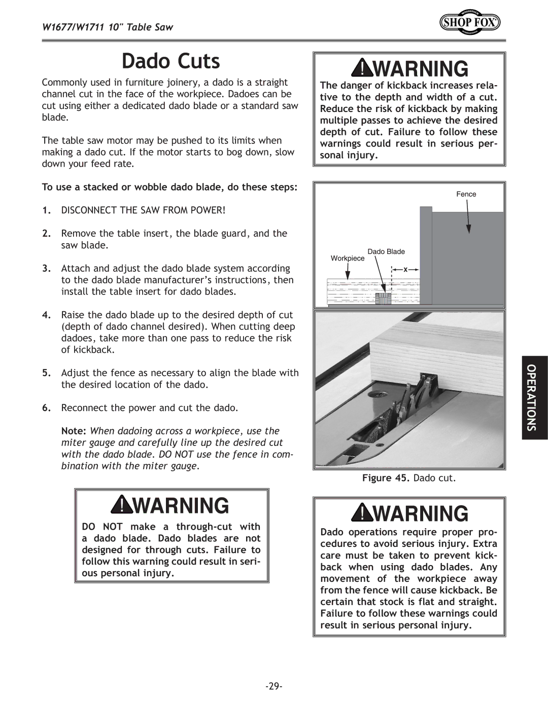 Woodstock W1677, W1711 owner manual Dado Cuts, To use a stacked or wobble dado blade, do these steps 