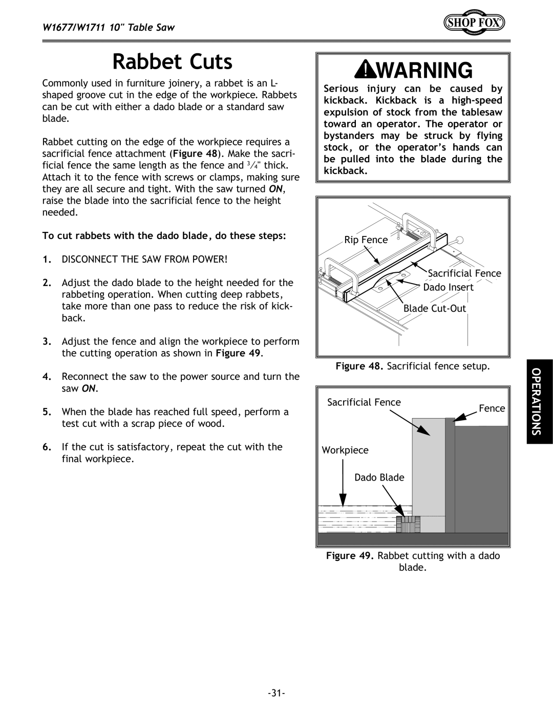 Woodstock W1677, W1711 owner manual Rabbet Cuts, To cut rabbets with the dado blade, do these steps 