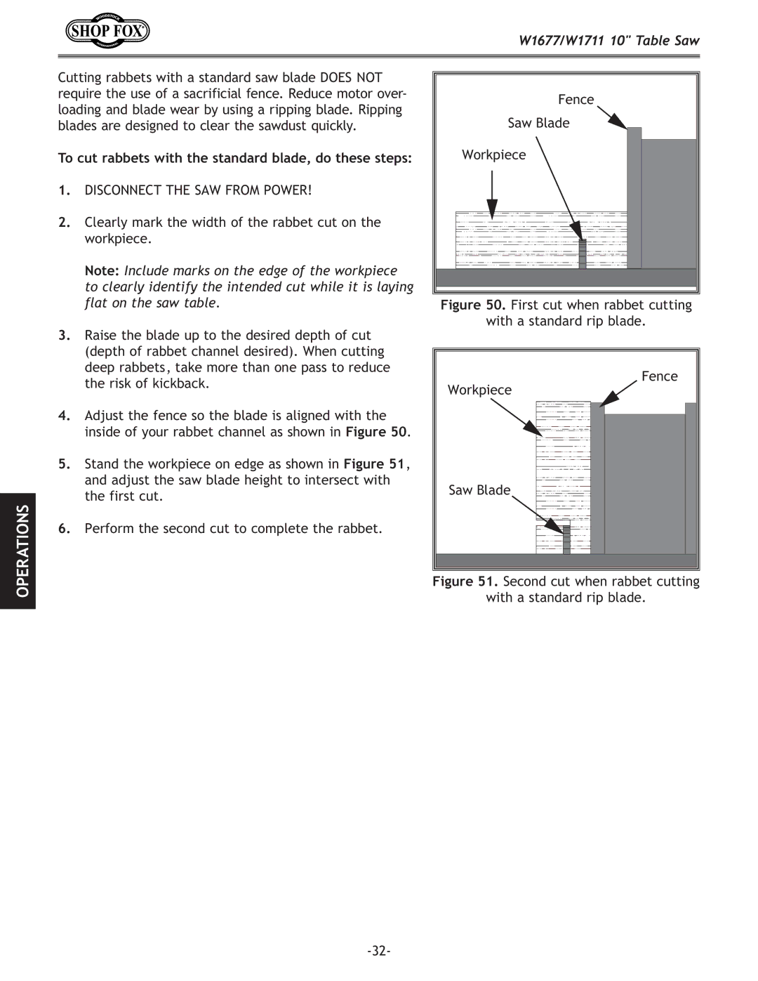 Woodstock W1711, W1677 owner manual To cut rabbets with the standard blade, do these steps 