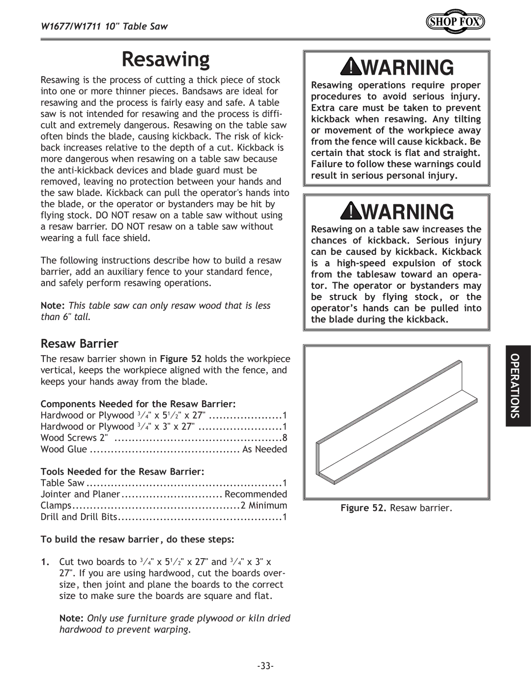 Woodstock W1677, W1711 Resawing, Components Needed for the Resaw Barrier, To build the resaw barrier, do these steps 