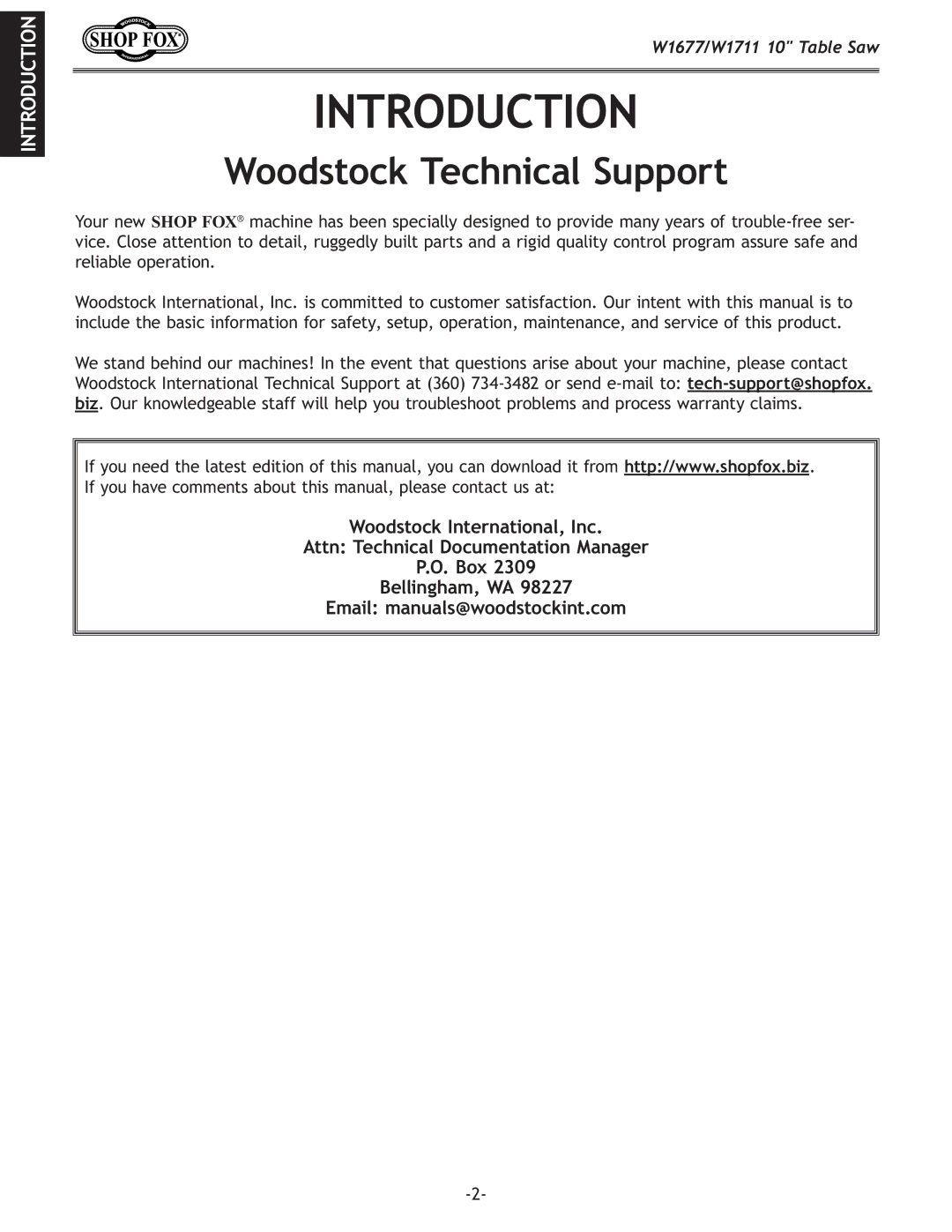 Woodstock W1711, W1677 owner manual Introduction, Woodstock Technical Support 