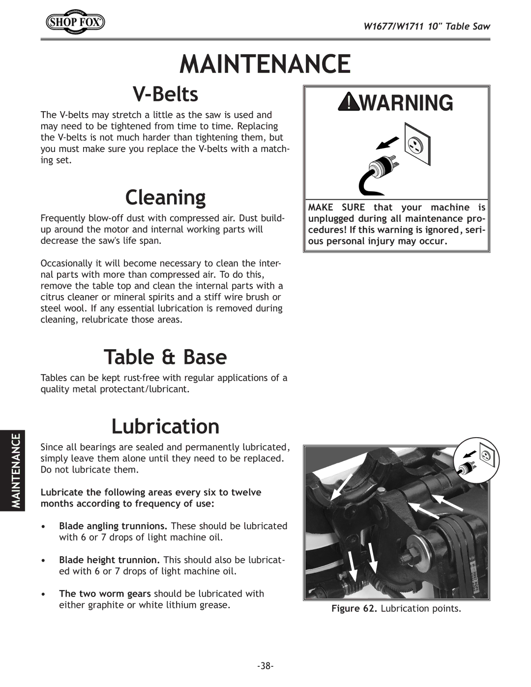 Woodstock W1711, W1677 owner manual Maintenance, Belts, Cleaning, Table & Base, Lubrication 