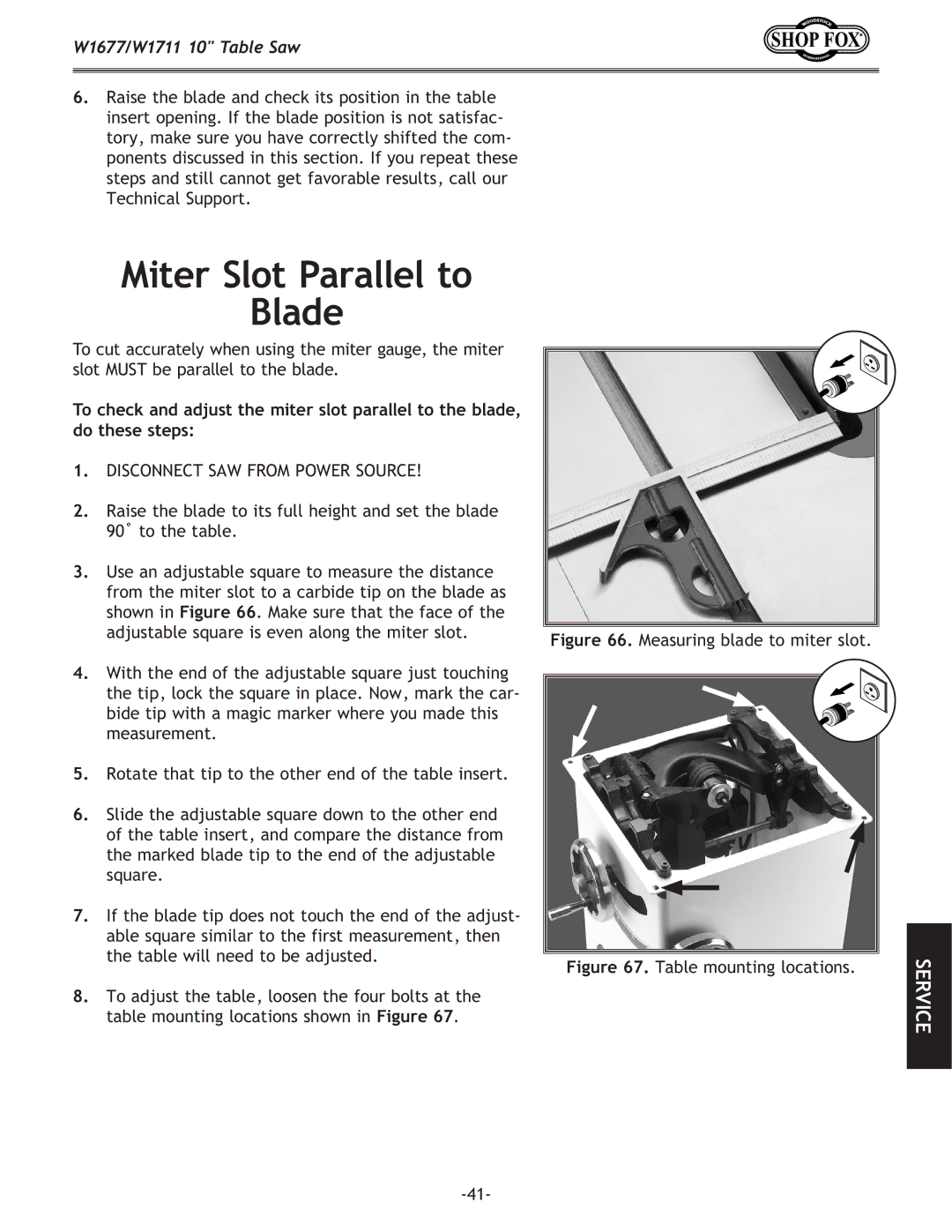 Woodstock W1677, W1711 owner manual Miter Slot Parallel to Blade, Measuring blade to miter slot 