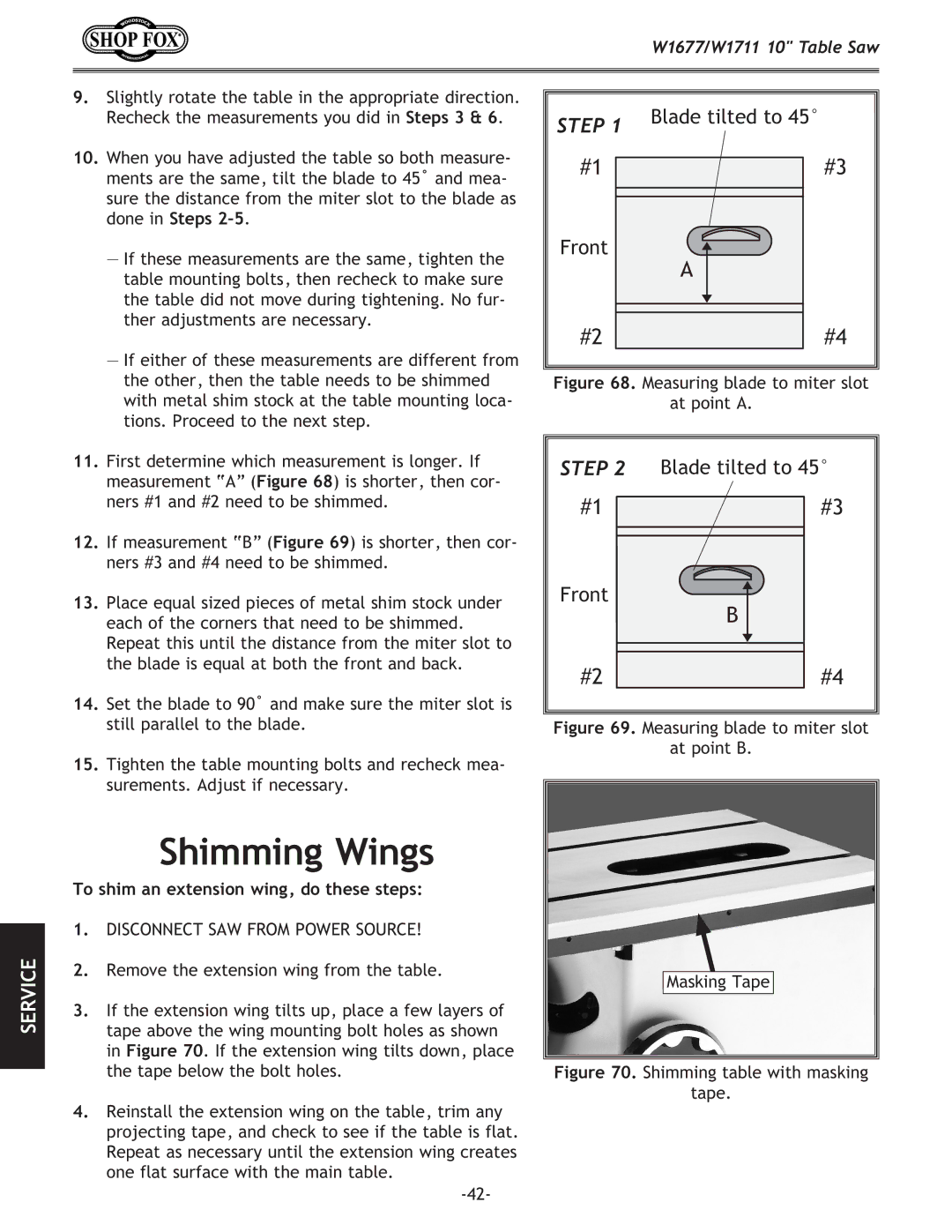 Woodstock W1711, W1677 owner manual Shimming Wings, To shim an extension wing, do these steps 