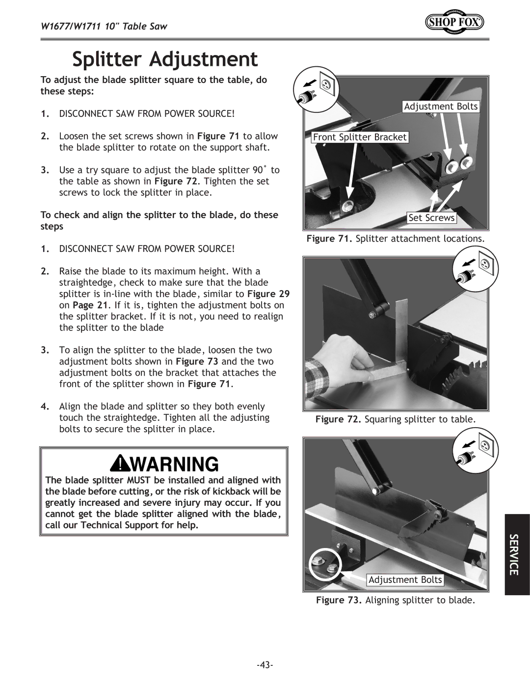 Woodstock W1677, W1711 owner manual Splitter Adjustment, To check and align the splitter to the blade, do these steps 