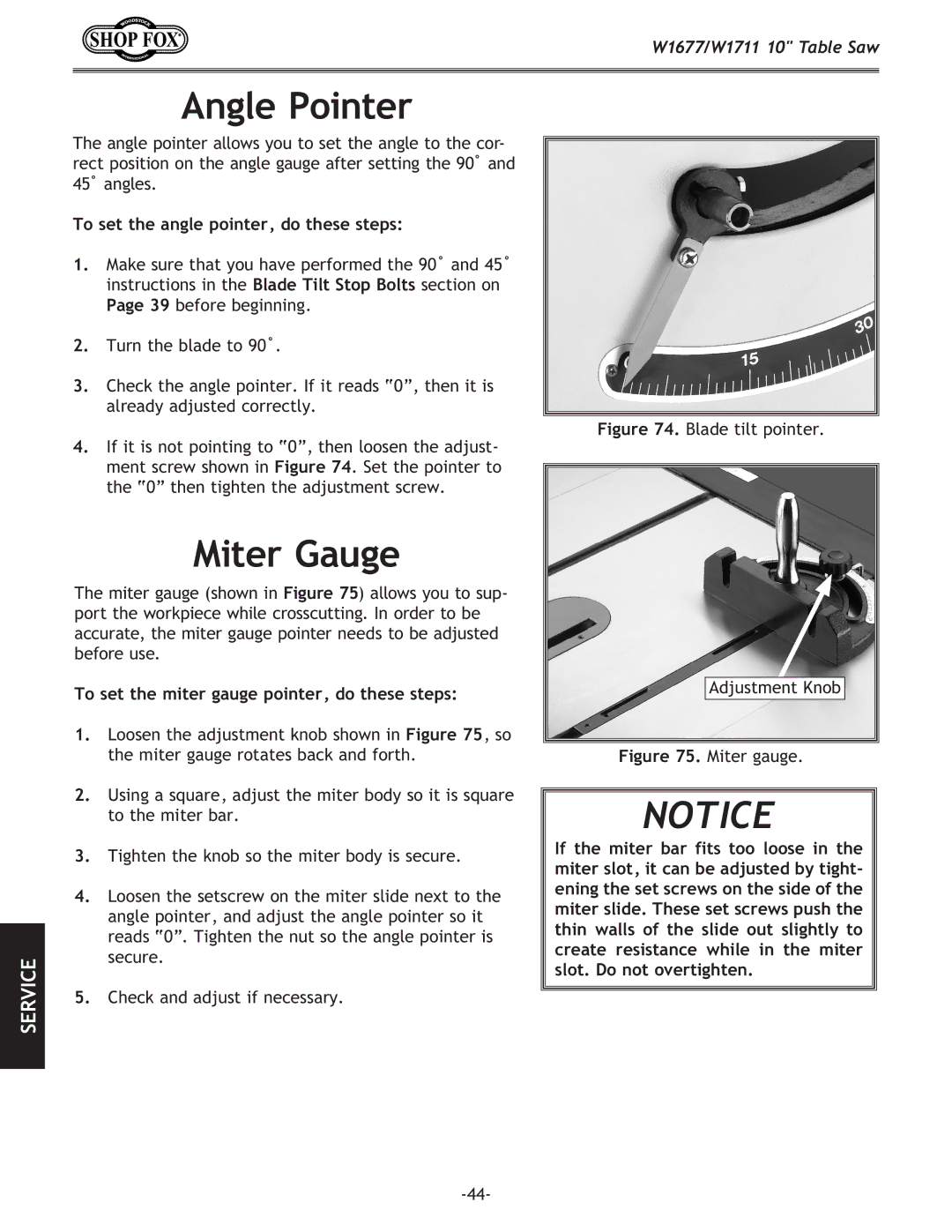 Woodstock W1711, W1677 owner manual Angle Pointer, Miter Gauge, To set the angle pointer, do these steps 