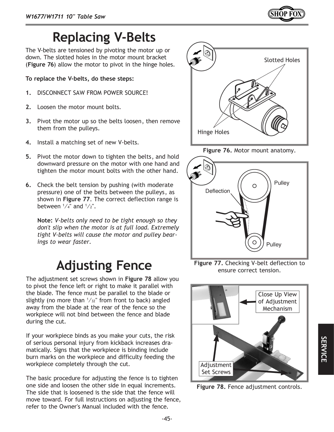 Woodstock W1677, W1711 owner manual Replacing V-Belts, Adjusting Fence, To replace the V-belts, do these steps 