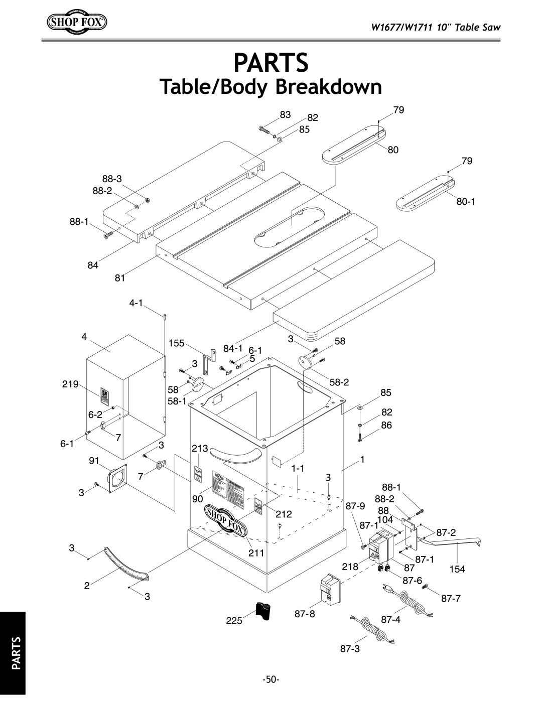 Woodstock W1711, W1677 owner manual Parts, Table/Body Breakdown 