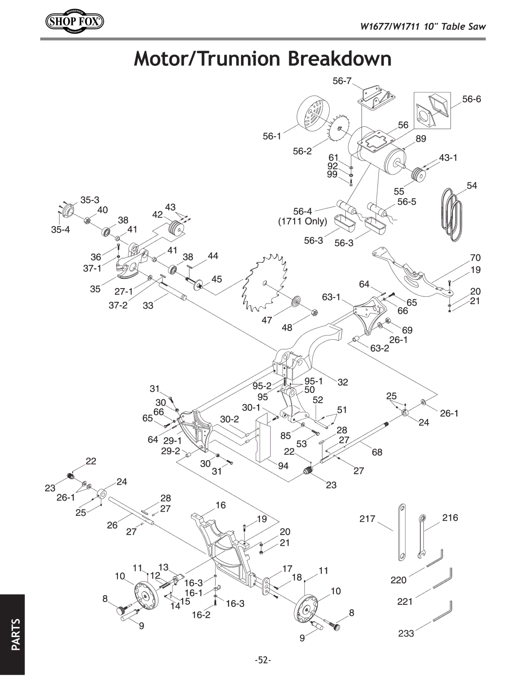 Woodstock W1711, W1677 owner manual Motor/Trunnion Breakdown 