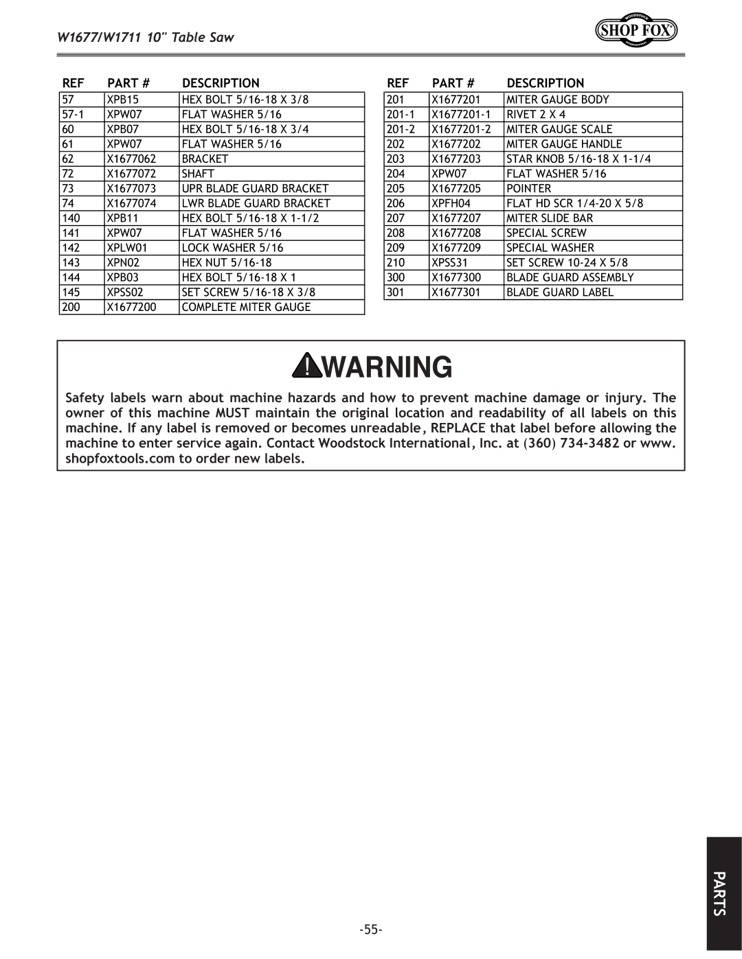 Woodstock W1677, W1711 owner manual XPB15 