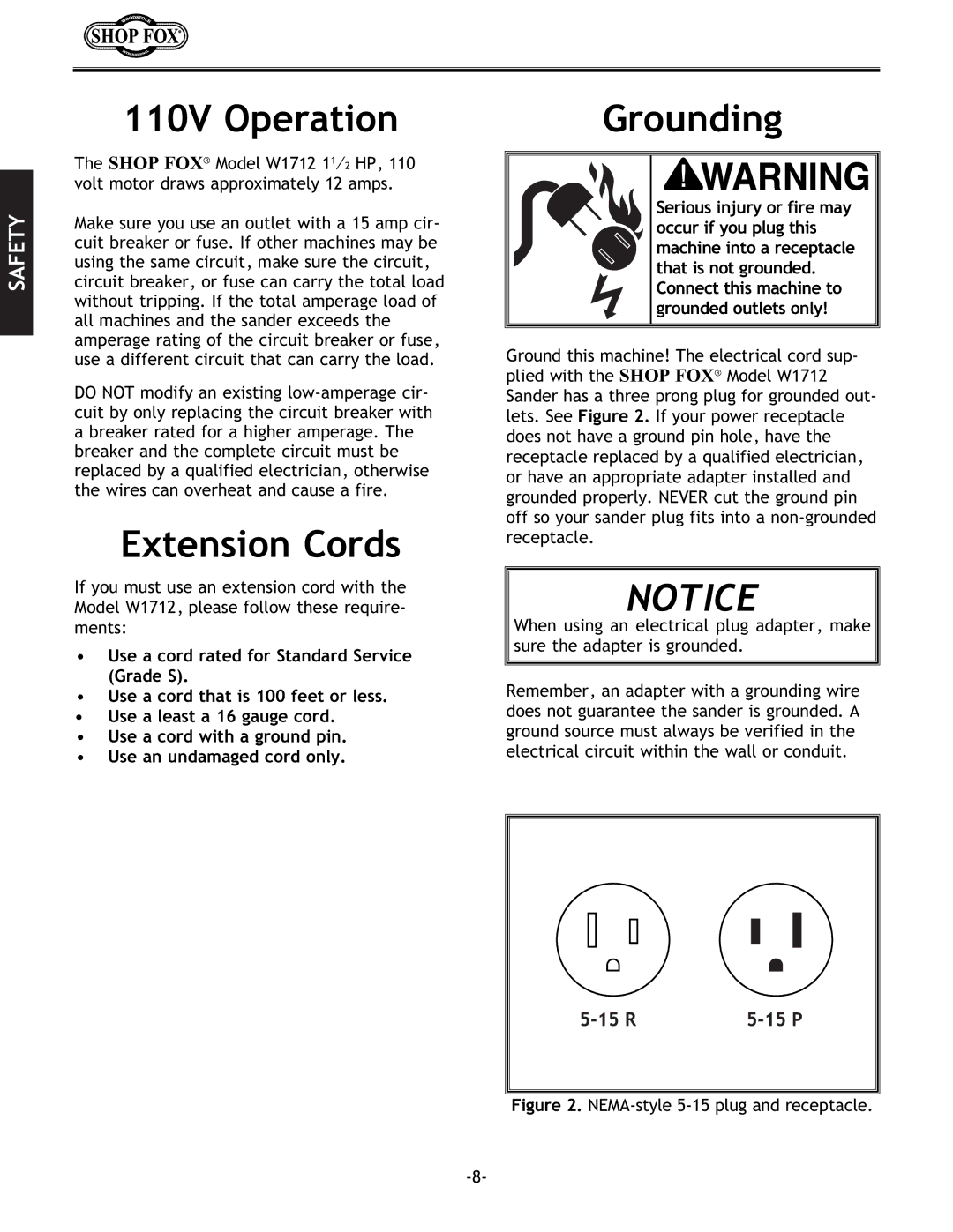 Woodstock W1712 instruction manual 110V Operation, Extension Cords, Grounding 