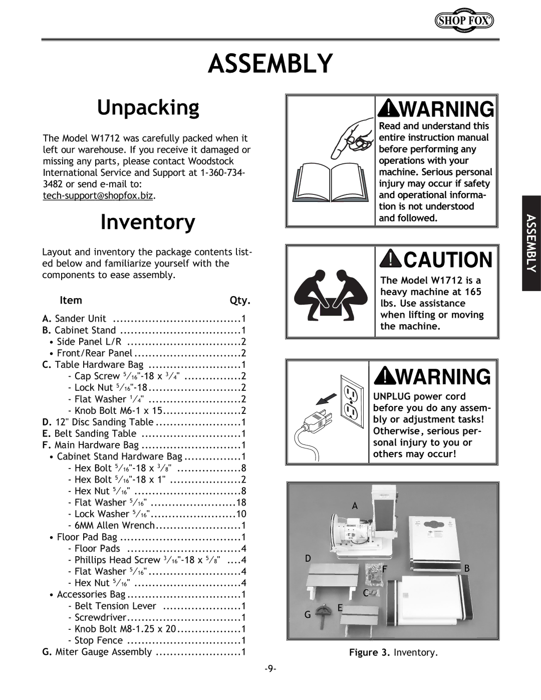 Woodstock W1712 instruction manual Assembly, Unpacking, Inventory 