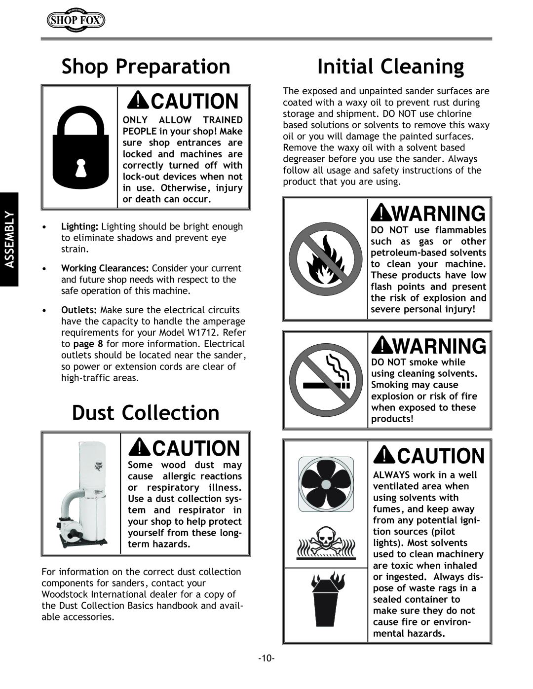 Woodstock W1712 instruction manual Shop Preparation, Dust Collection, Initial Cleaning 