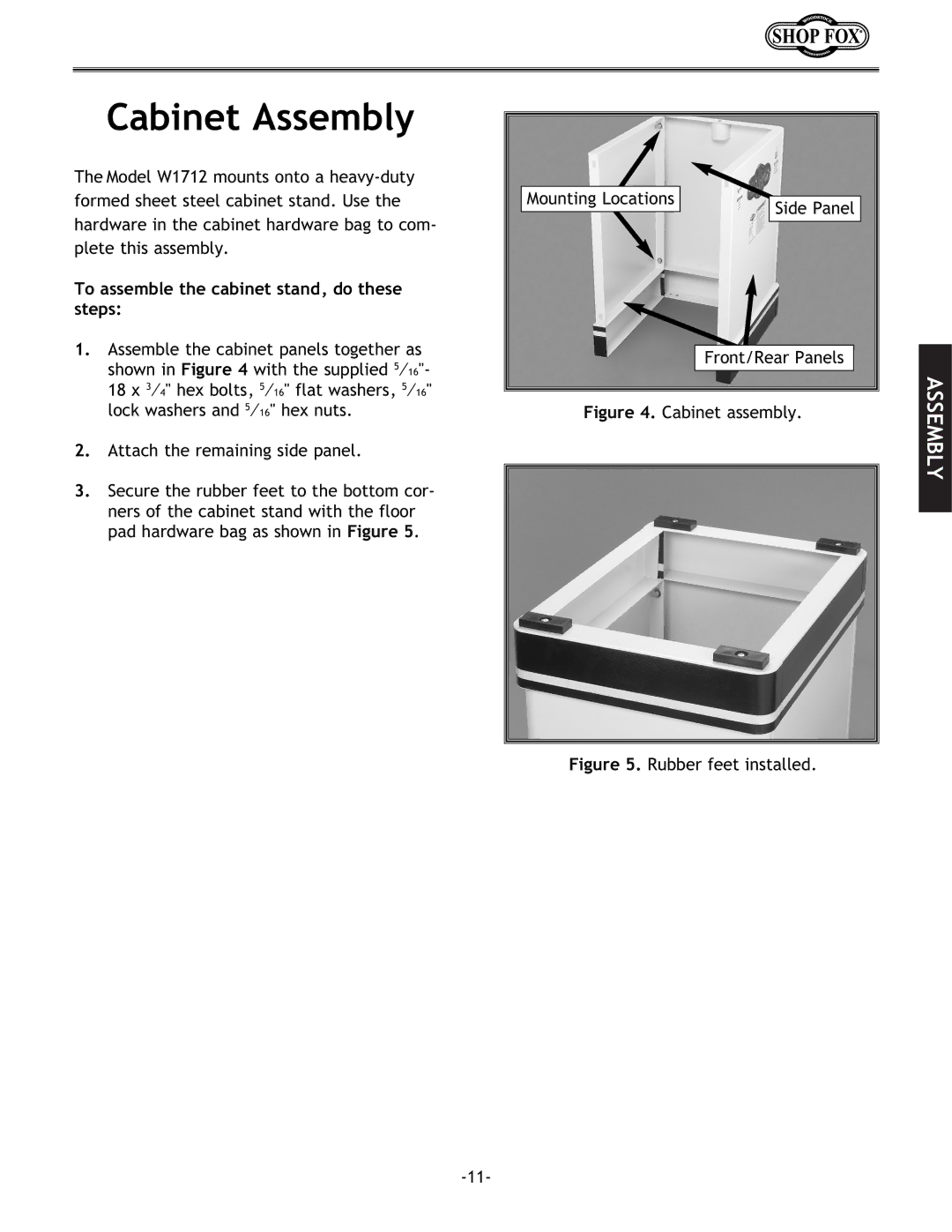 Woodstock W1712 instruction manual Cabinet Assembly, To assemble the cabinet stand, do these steps 