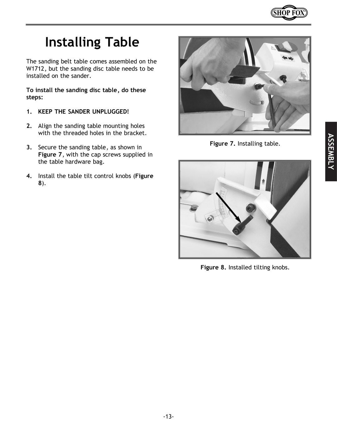 Woodstock W1712 instruction manual Installing Table, Installing table 