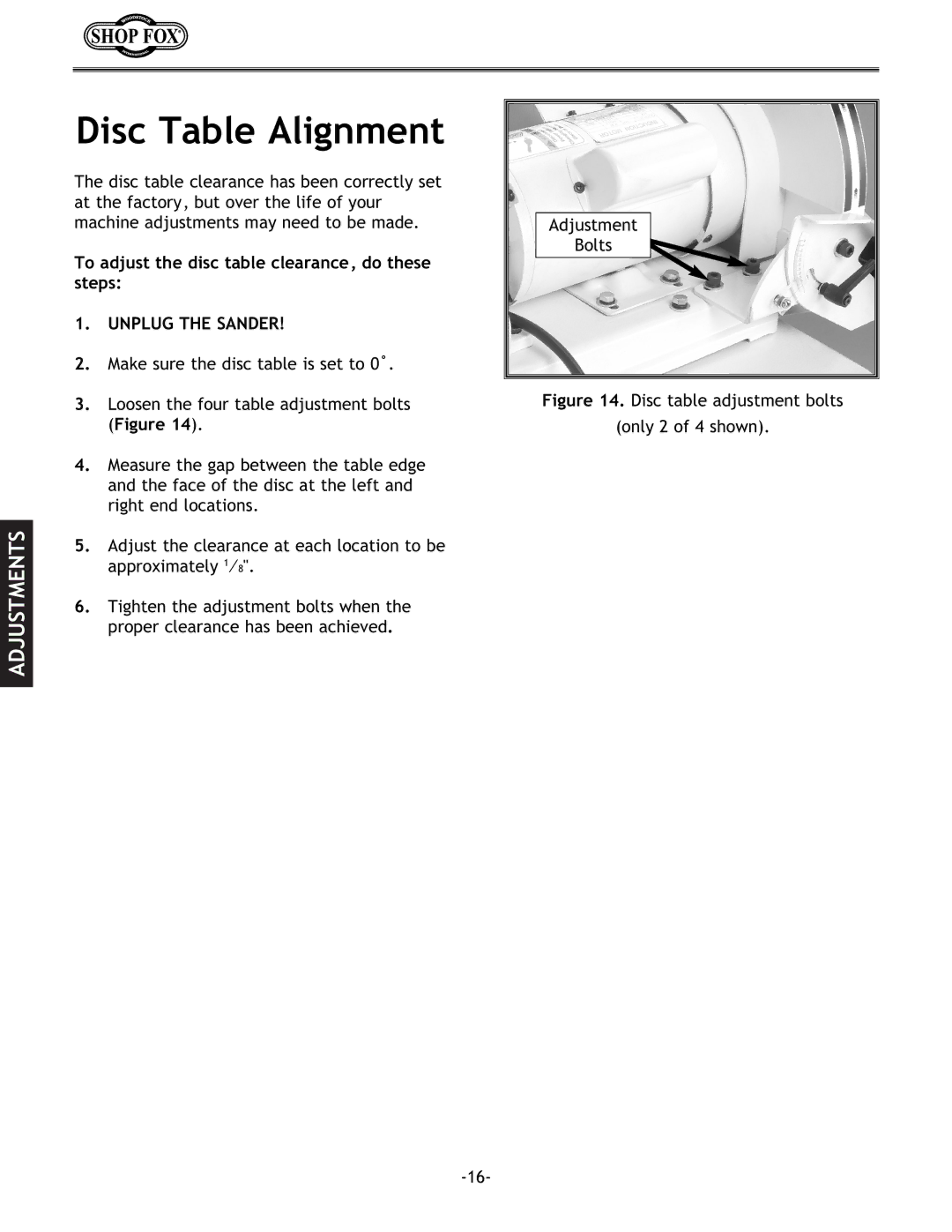 Woodstock W1712 instruction manual Disc Table Alignment, Disc table adjustment bolts Only 2 of 4 shown 