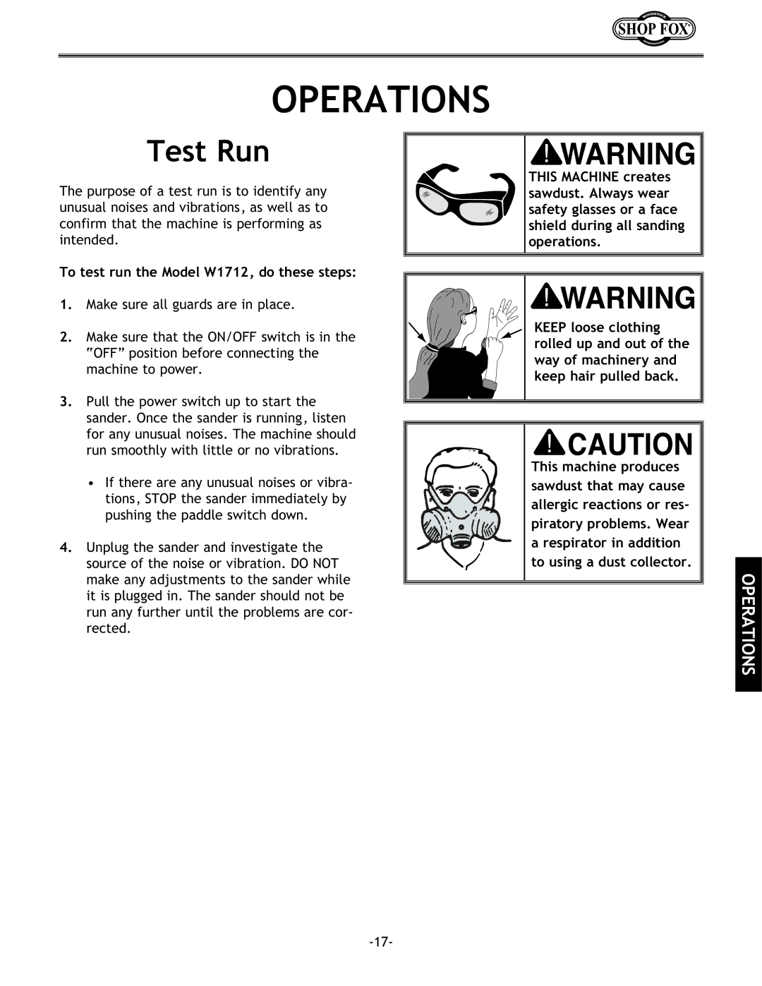 Woodstock W1712 instruction manual Operations, Test Run 