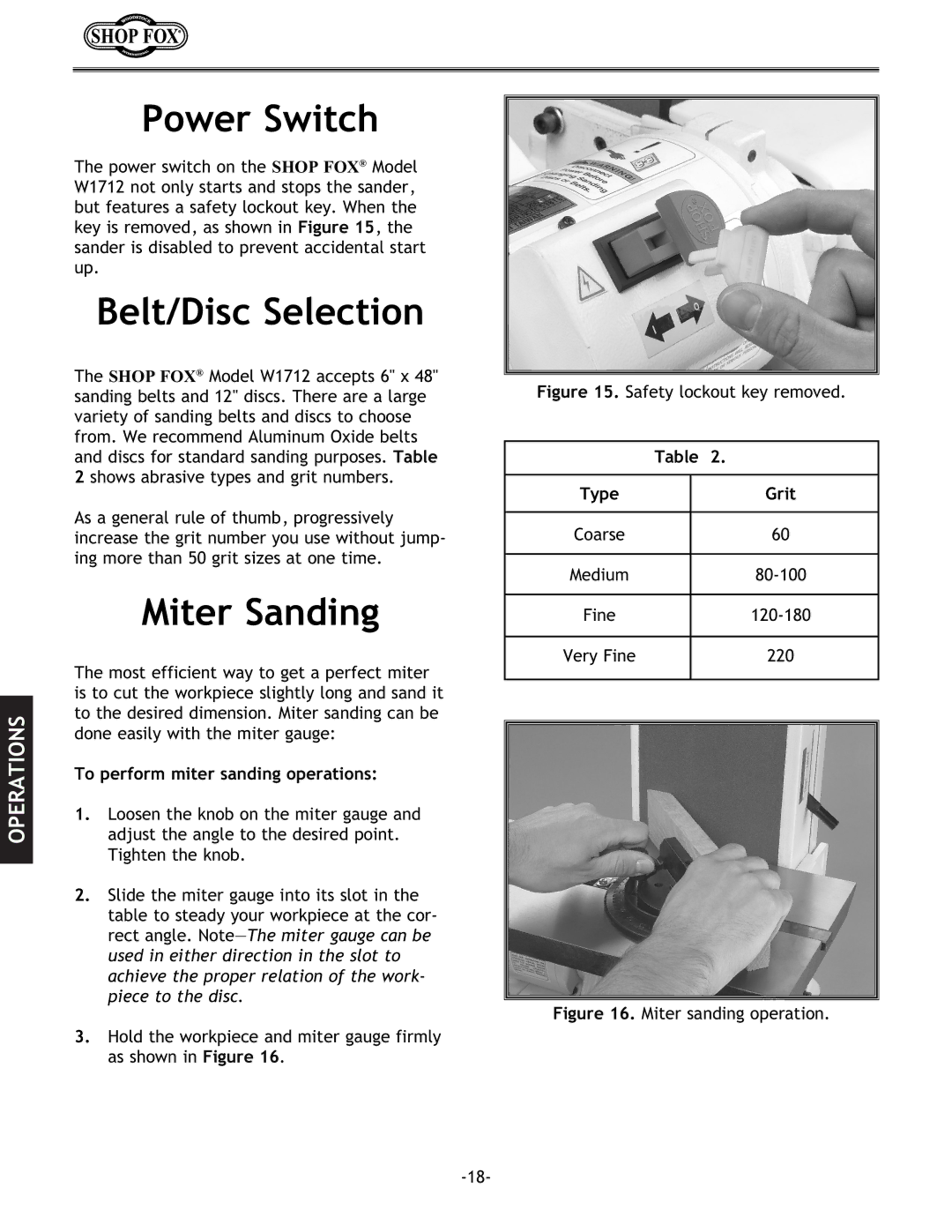 Woodstock W1712 instruction manual Power Switch, Belt/Disc Selection, Miter Sanding 