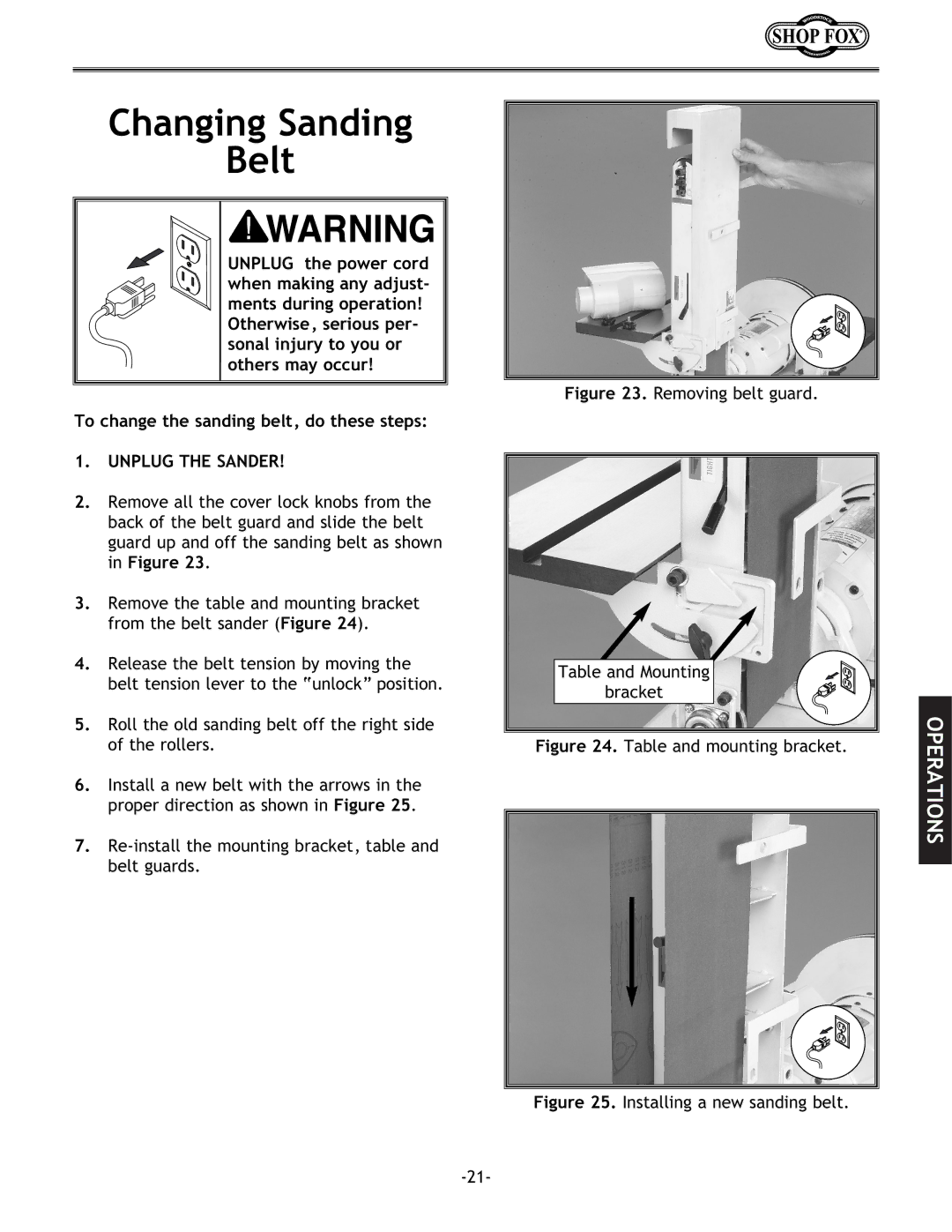 Woodstock W1712 instruction manual Changing Sanding Belt, Removing belt guard Table and Mounting Bracket 