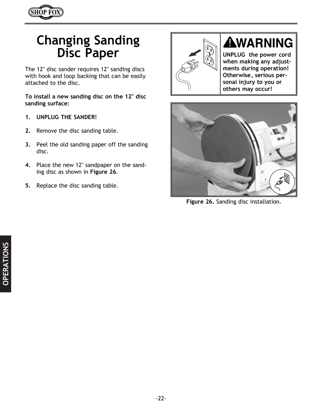 Woodstock W1712 instruction manual Changing Sanding Disc Paper, Sanding disc installation 