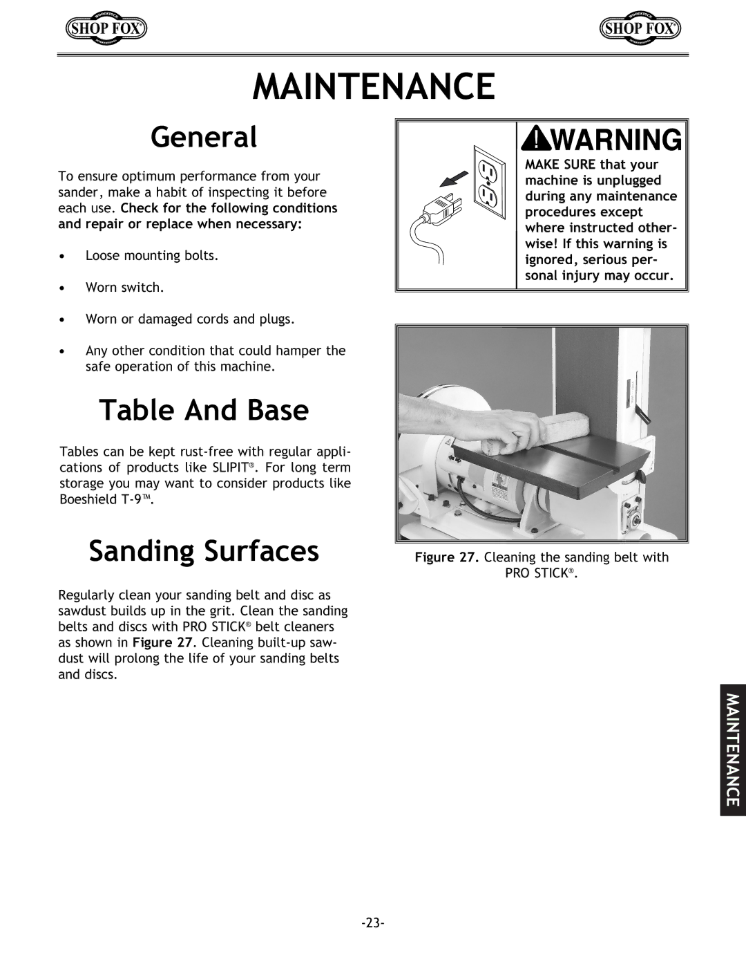 Woodstock W1712 instruction manual Maintenance, General, Table And Base, Sanding Surfaces 