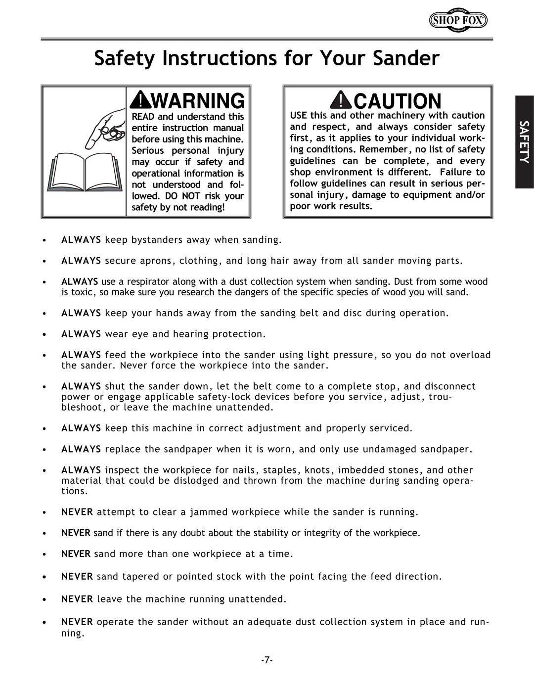 Woodstock W1712 instruction manual Safety Instructions for Your Sander 